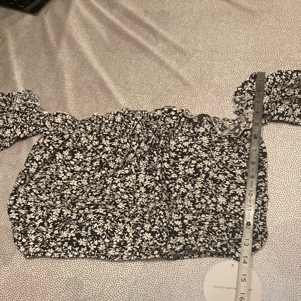 SHEIN VCAY Ditsy Floral Print Off Shoulder Frill Trim Tie Front Crop Blouse L - Picture 13 of 16